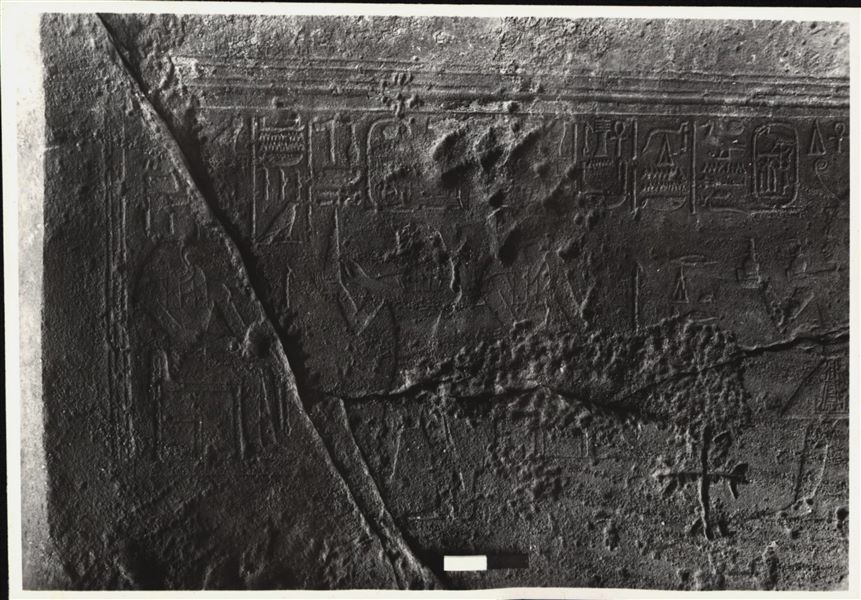 Photograph of a wall from the rock-cut chapel of Ellesiya in its original location in Nubia, shortly before the Nile waters would begin to rise due to the construction of the Aswan Dam, which would flood the area. Photograph taken in the mid-1960s, shortly before the rock-cut chapel was moved.