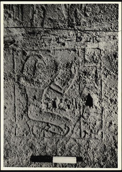 Photograph of an interior section from the rock-cut chapel of Ellesiya, shortly before it was moved. Photograph taken in the mid-1960s.