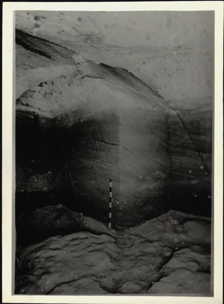 Photograph of the back niche in the rock-cut chapel of Ellesiya in its original location in Nubia, shortly before the Nile waters would begin to rise due to the construction of the Aswan Dam, which would flood the area. Photograph taken in the mid-1960s, shortly before the rock-cut chapel was moved. Note the original floor, which was not saved.