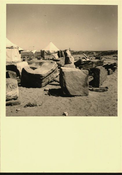 Storage at Wadi es-Sebua, where the rock-cut chapel of Ellesiya blocks were kept for a short time. The rock-cut chapel was cut into 66 pieces and saved from the rising Lake Nasser, which would soon flood the area. 