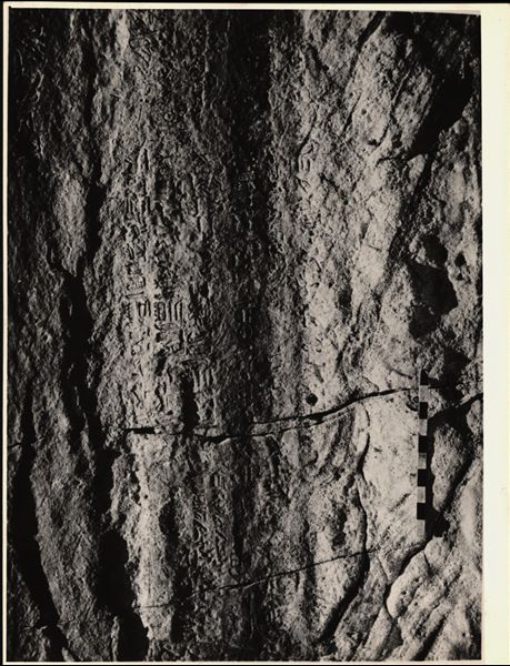 Photograph of a wall with inscriptions in hieroglyphs, from the Temple of Ellesiya, shortly before it was moved. Photograph taken in the mid-1960s. 