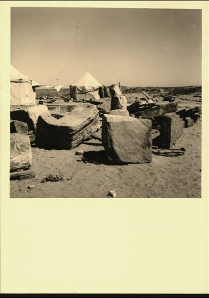 Storage at Wadi es-Sebua, where the Temple of Ellesiya blocks were kept for a short time. The temple was cut into 66 pieces and saved from the rising Lake Nasser, which would soon flood the area. 