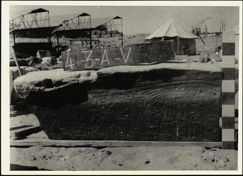 Storage at Wadi es-Sebua, one of the 66 blocks from the Temple of Ellesiya stored waiting to be transported to Turin, after the United Arab Republic decided to gift the temple to the Italian Republic. Upper register from the right wall of the transverse hall, showing hieroglyphic inscriptions. 