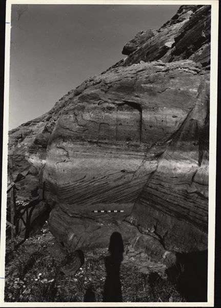Photograph of a wall from the Temple of Ellesiya still in its original location in Nubia, shortly before the Nile waters would begin to rise due to the construction of the Aswan Dam, which would flood the area. Photograph taken in the mid-1960s, shortly before the temple was moved.