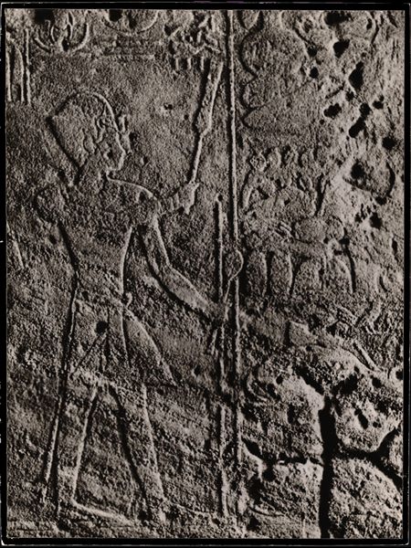 Photograph of a detail depicting Pharaoh Thutmosis III, from an interior wall in the Temple of Ellesiya. The temple is in its original location in Nubia, shortly before the Nile waters would begin to rise due to the construction of the Aswan Dam, which would flood the area. Photograph taken in the mid-1960s, shortly before the temple was moved.