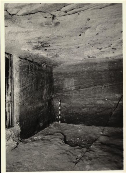 Photograph of an interior wall from the Temple of Ellesiya in its original location in Nubia, shortly before the Nile waters would begin to rise due to the construction of the Aswan Dam, which would flood the area. Photograph taken in the mid-1960s, shortly before the temple was moved. Note the original floor, which was not saved.