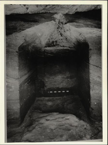Photograph of the back niche in the Temple of Ellesiya in its original location in Nubia, shortly before the Nile waters would begin to rise due to the construction of the Aswan Dam, which would flood the area. Photograph taken in the mid-1960s, shortly before the temple was moved. Note the original floor, which was not saved.