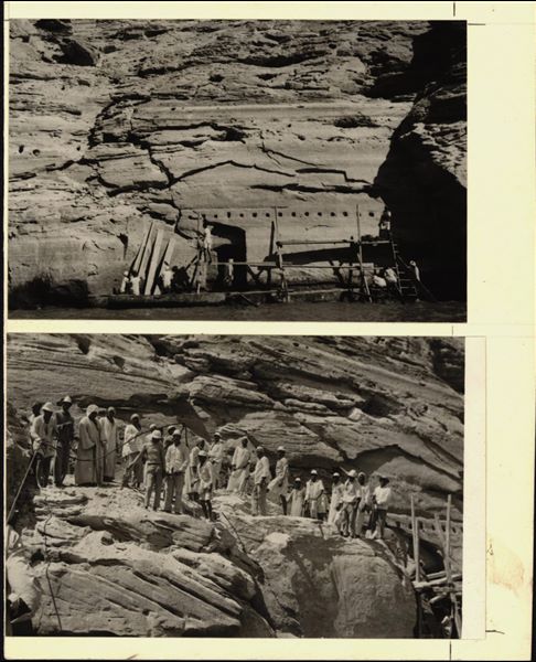Two photographs taken during the rescue campaign of the rock-cut Temple of Ellesiya, when Lake Nasser was filling up. Particularly visible are the scaffolding set up during the removal of the temple, and the workers employed. The water level was already rising, and in this shot, it is has already reached the entrance to the temple. 