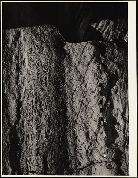 Photograph of a wall from the Temple of Ellesiya in its original location in Nubia, shortly before the Nile waters would begin to rise due to the construction of the Aswan Dam, which would flood the area. Photograph taken in the mid-1960s, shortly before the temple was moved.