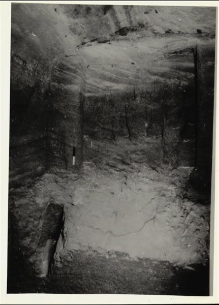 Photograph of the back niche in the Temple of Ellesiya, where the statues of deities and the pharaoh are located; depicting Horus of Miam, the goddess Satet, and in the centre, the ruler Thutmosis III. The photograph was taken in the temple’s original location in Nubia, shortly before the Nile waters would begin to rise due to the construction of the Aswan Dam, which would flood the area. Photograph taken in the mid-1960s, shortly before the temple was moved. Note the original floor, which was not saved.

