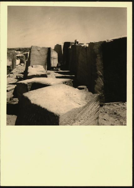 Storage at Wadi es-Sebua, where the Temple of Ellesiya blocks were kept for a short time, here they are arranged in rows waiting to be transferred to Turin, after the United Arab Republic decided to gift the temple to the Italian Republic.
