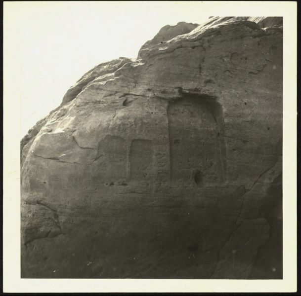 Detail of two stelae carved into the left side façade of the rock-cut Temple of Ellesiya. Photograph taken during the rising of Lake Nasser, which would have submerged this area. 