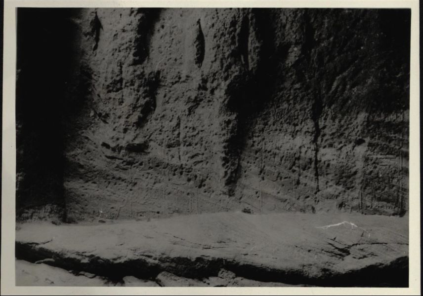 Photograph of an interior wall from the Temple of Ellesiya in its original location in Nubia, shortly before the Nile waters would begin to rise due to the construction of the Aswan Dam, which would flood the area. Photograph taken in the mid-1960s, shortly before the temple was moved. Note the original floor, which was not saved.
