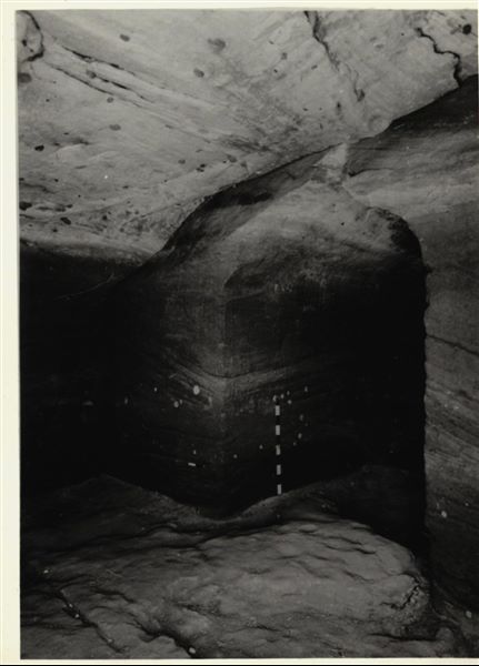 Photograph inside the Temple of Ellesiya in its original location in Nubia, shortly before the Nile waters would begin to rise due to the construction of the Aswan Dam, which would flood the area. Photograph taken in the mid-1960s, shortly before the temple was moved. Note the original floor, which was not saved.