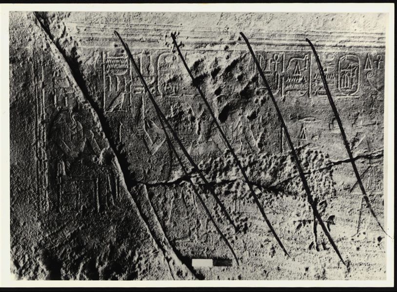 Photograph of an interior section from the Temple of Ellesiya, shortly before it was moved. Photograph taken in the mid-1960s. Right wall of the chamber. From the left: the god Thoth seated, Thutmosis III, Horus of Miam and Thutmosis III depicted again.