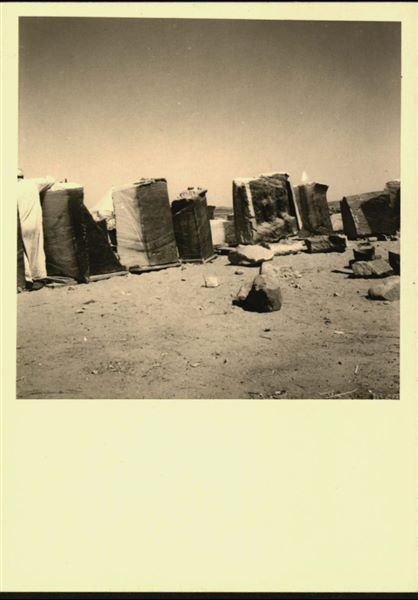 Storage at Wadi es-Sebua, where the Temple of Ellesiya blocks were kept for a short time. Here they are arranged in rows waiting to be transferred to Turin after the United Arab Republic decided to gift the temple to the Italian Republic. 