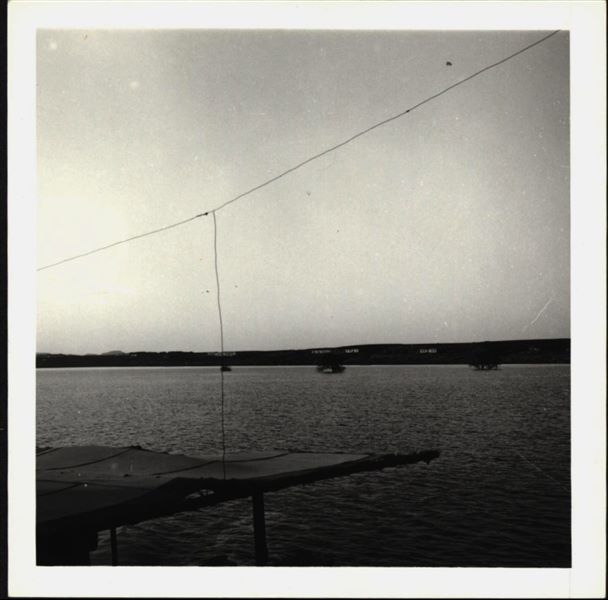 Photograph taken in the area of the site of Ellesiya, when Lake Nasser had already formed and was full. Three trees can be seen popping out of the lake, bound to be submerged. In the background, the Nubian landscape.