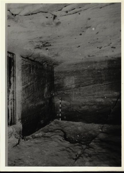 Photograph inside the Temple of Ellesiya in its original location in Nubia, shortly before the Nile waters would begin to rise due to the construction of the Aswan Dam, which would flood the area. Photograph taken in the mid-1960s, shortly before the temple was moved. Note the original floor, which was not saved.