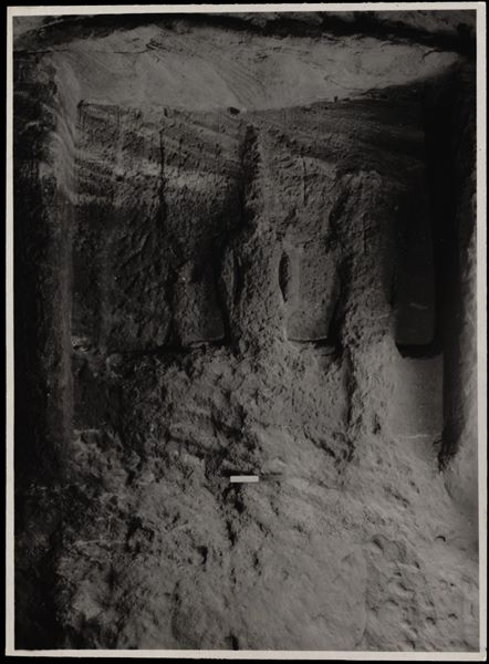 Photograph of the back niche in the Temple of Ellesiya in its original location in Nubia, shortly before the Nile waters would begin to rise due to the construction of the Aswan Dam, which would flood the area. Photograph taken in the mid-1960s, shortly before the temple was moved. The three statues than can be seen in the image are carved into the rock and depict Horus of Miam, the goddess Satet, and in the centre, the ruler Thutmosis III. 