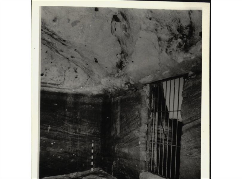 Photograph inside the Temple of Ellesiya, where the statues of deities and the pharaoh were located. The temple is in its original location in Nubia, shortly before the Nile waters would begin to rise due to the construction of the Aswan Dam, which would flood the area. Photograph taken in the mid-1960s, shortly before the temple was moved. Note the original floor, which was not saved. Prior to the temple’s relocation, it was locked with a grate.