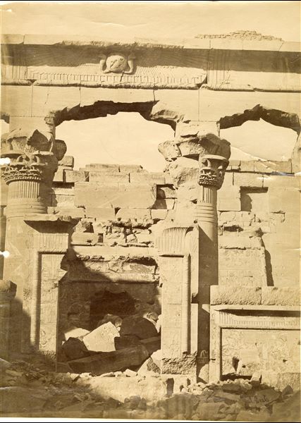 The photograph shows the ruins of the entrance to the innermost part of the Temple of Kalabsha in Nubia. 