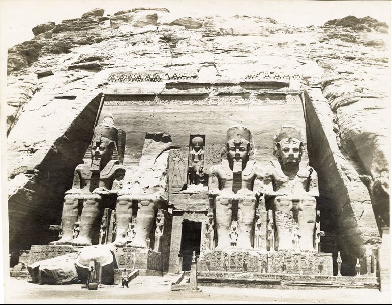 The image shows the frontal view of the façade of the Great Temple of Abu Simbel built by Ramesses II, cleared of the sand. 