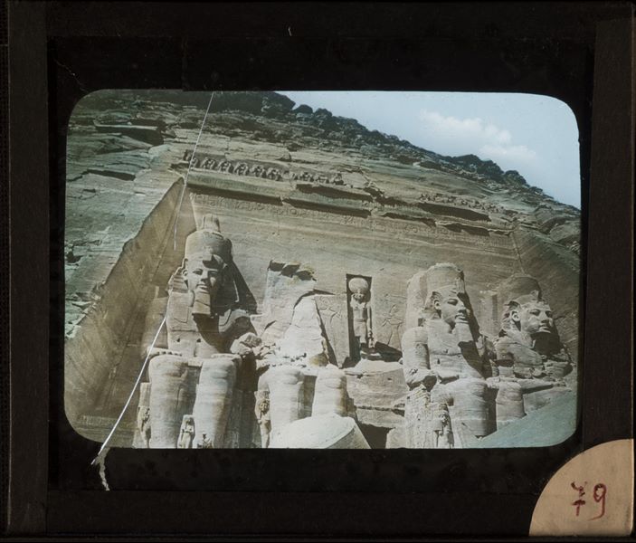 19th century colour photograph of the Temple of Ramesses II at Abu Simbel.