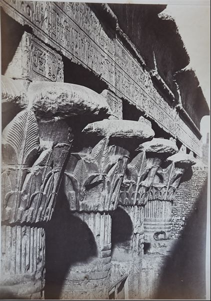 Scorcio dell’architrave e dei capitelli papiriformi del tempio di Khnum a Esna, costruito in Età Romana. La firma dell’autore si trova a destra. 