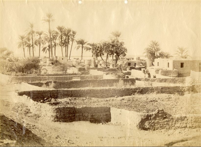 View of an Egyptian village, with vegetable gardens bordered by brick walls, houses, granaries and some palm groves. The Nile is visible in the background. The author's signature, written in mirrored writing is in the bottom right-hand corner. 