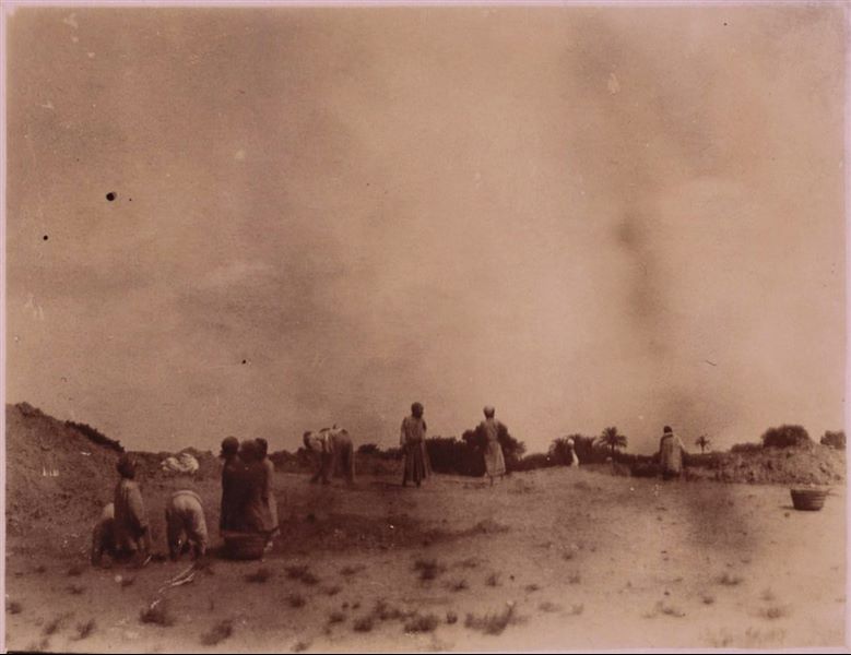 Momento di scavo in un’area non ancora riconosciuta nel sito di Eliopoli. Scavi Schiaparelli.