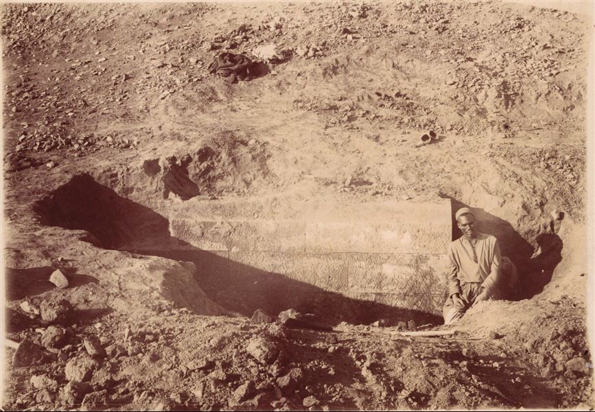 Granite blocks of a temple structure surfacing from the ground, during excavations by the Italian Archaeological Mission in Heliopolis. Schiaparelli excavations.