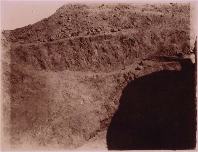 Photograph of an excavation trench wall during excavations at Heliopolis by the Italian Archaeological Mission. Schiaparelli excavations.