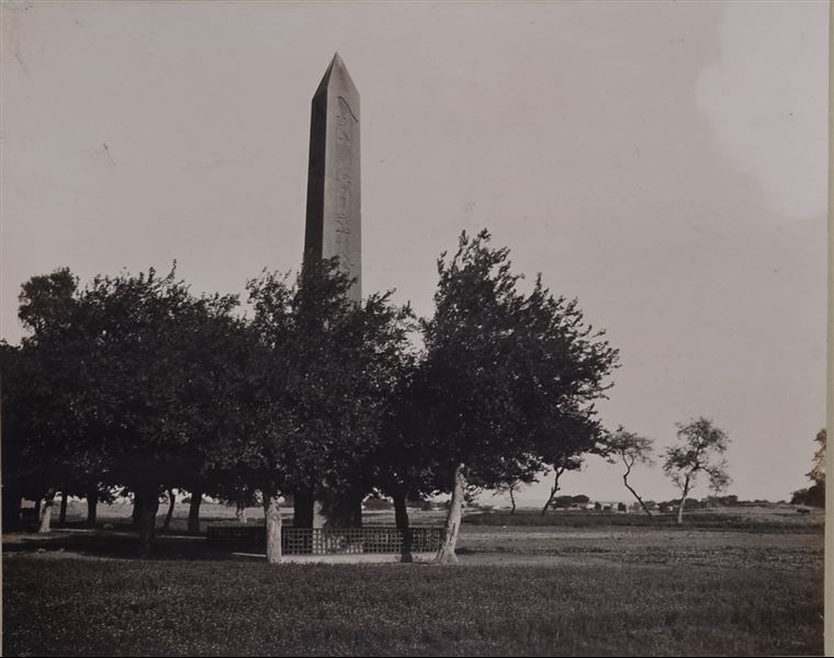 Photograph of the obelisk of Sesostris I, photographed during excavations by the Italian Archaeological Mission. Schiaparelli excavations.