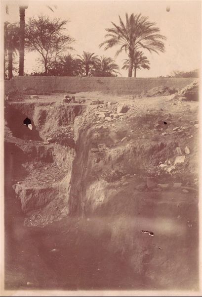 Excavation trench in the area of the Sun Temple. Photograph overexposed and in sepia. Schiaparelli excavations.