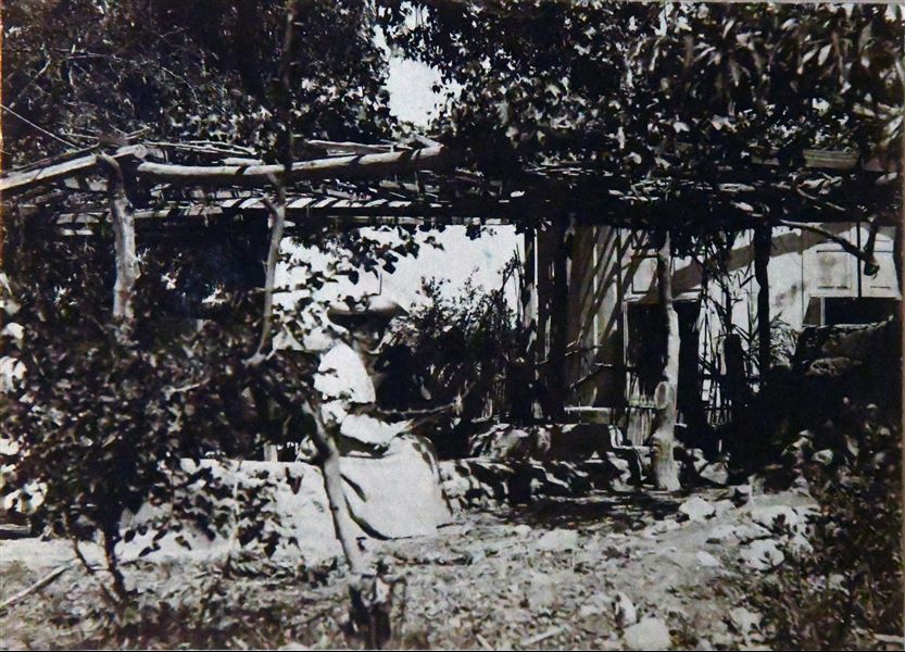 Photograph taken during excavations by the Italian Archaeological Mission at Heliopolis in 1904. Seated under the pergola near the mission’s house is Francesco Ballerini's wife, Lucia Noseda, who had accompanied her husband to Egypt that year. Angelo Sesana Archive. 