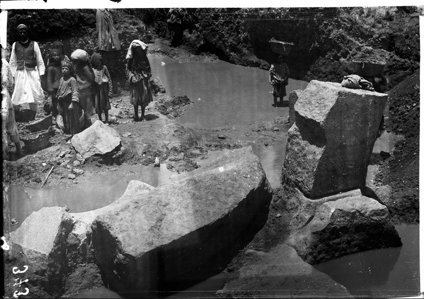 Temple of Mnevis, trench with fragments of the naos of Psamtik I in the temple of Mnevis. Schiaparelli excavations.