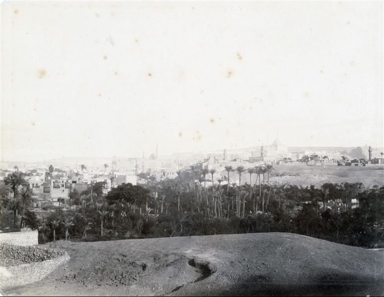 Panorama of the city of Cairo, where the Citadel can be seen in the distance. Standing out on the right (albeit barely visible) is the Great Mosque, commissioned by Mohammed Ali.