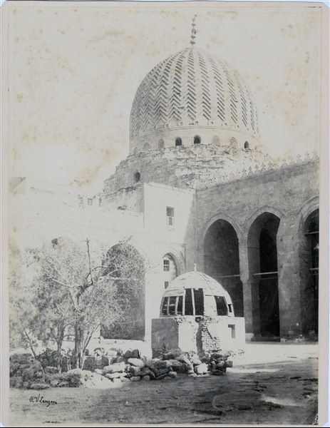 A view of part of the mosque and mausoleum of Sultan Faraj ibn Barquq in Cairo. The author's signature can be found at lower left. 