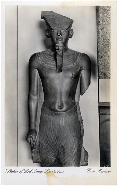 Gallery in the Egyptian Museum in Cairo. Fragmentary statue of the god Amun-Ra. Album “Cartes postales” (Postcards).