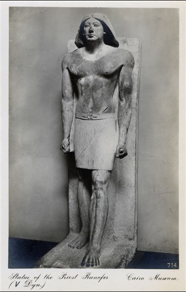 Gallery in the Egyptian Museum in Cairo. Statue of Prince Ranefer, High Priest of Ptah, who lived during the 5th dynasty. The statue was found in his tomb in Saqqara (Cairo CG 19). Album “Cartes postales” (Postcards).