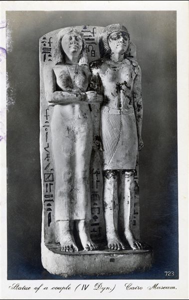 Gallery in the Egyptian Museum in Cairo. Elite couple from the 4th dynasty. Album “Cartes postales” (Postcards).