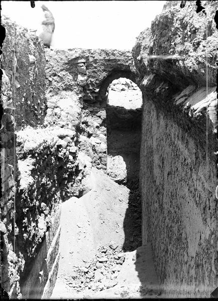 Mastaba of Medunefer. Covered corridor, photographed during excavations. Schiaparelli excavations.
