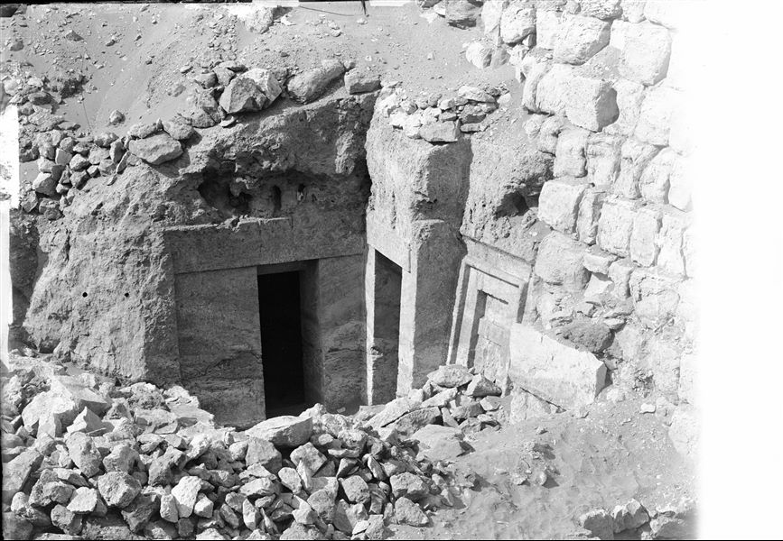 On the left, the entrance to the tomb of Bashepses while on the right, the entrance and false-door of the mastaba of Kaemked. Schiaparelli excavations.