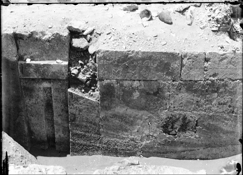 Photograph of the facade with false-door of an unidentified mastaba, excavated by the Italian Archaeological Mission. Schiaparelli excavations.