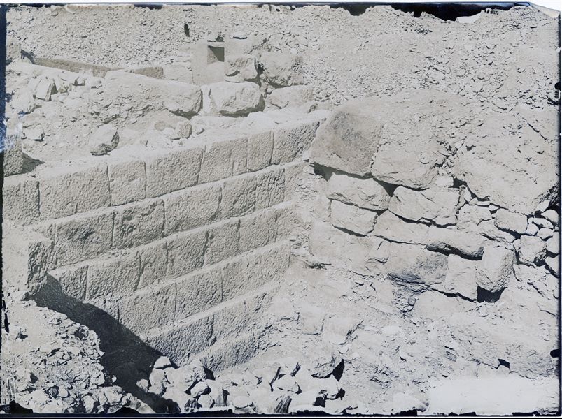View of a structure built with stone blocks placed perfectly next to each other, probably connected to an unidentified mastaba tomb, which was uncovered during the excavations of the Italian Archaeological Mission in the Giza necropolis. Schiaparelli excavations.