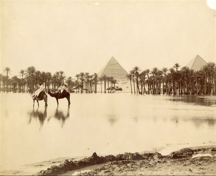 Photograph showing two Egyptians riding camels in the middle of a body of water during a flood, which also reaches the palm groves in the foreground. In the background, the pyramids of the pharaohs Khafre (centre) and Khufu (right) can be seen. The signature of the author can be found at the bottom right.