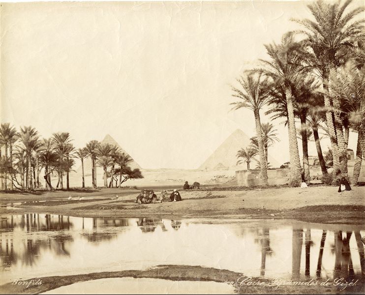 The photograph depicts two palm groves in the Giza Plateau with some Egyptians and two camels, near a body of water, possibly during a flood. In the foreground there are some residential structures behind the palm grove (right) and in the background, the pyramid of Pharaoh Khafre (left) and that of Pharaoh Khufu (right) with two smaller pyramids in front dominate the plain. The author's signature is visible at the bottom left.