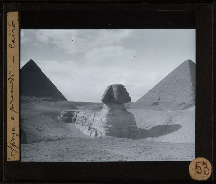 Sphinx and the pyramids in the background. This is probably a 19th century photo.