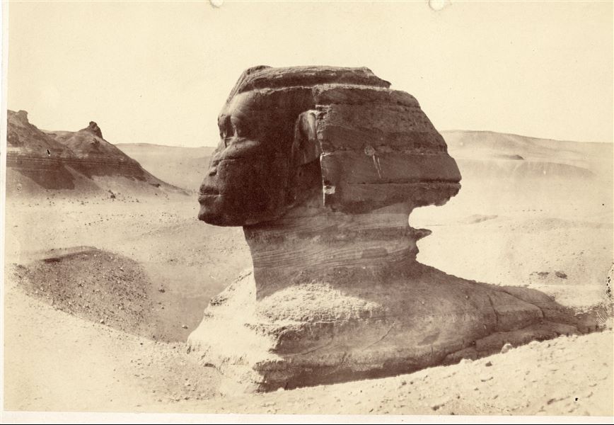 Fotografia della Sfinge nella piana di Giza vista lateralmente (da nord). Il monumento è ancora parzialmente sepolto dalle sabbie del deserto. In base allo stile della fotografia, si potrebbe attribuire lo scatto a V. R. Lanzone.