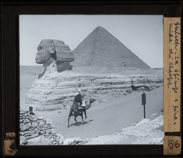 Man on a camel in front of the Sphinx, which is only partially cleared of sand. In the background, the pyramid of Khufu. This is probably a 19th century photograph. 